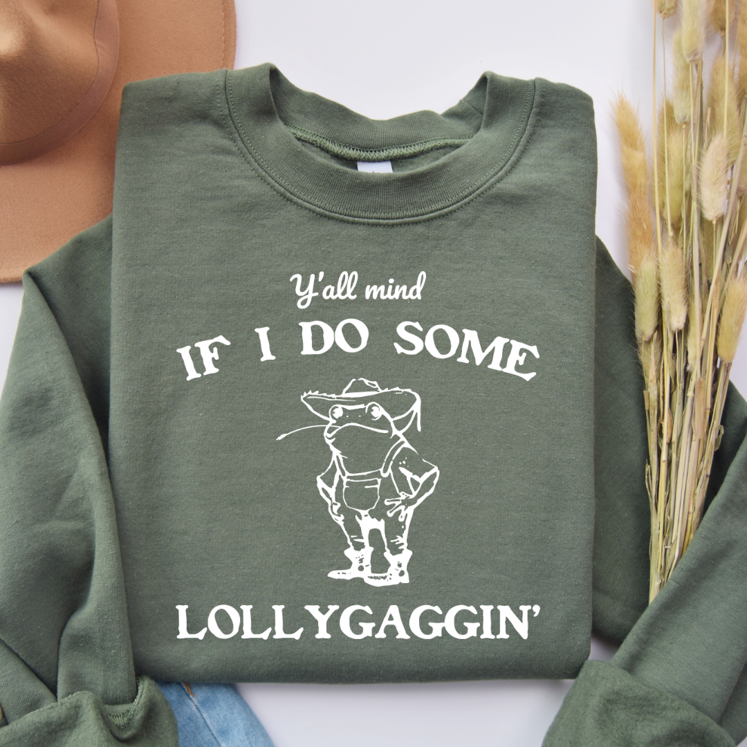 Crew Neck Sweatshirt-lollygaggin'-SAGE GREEB SHIRT WITH DARK GREEN PRINT